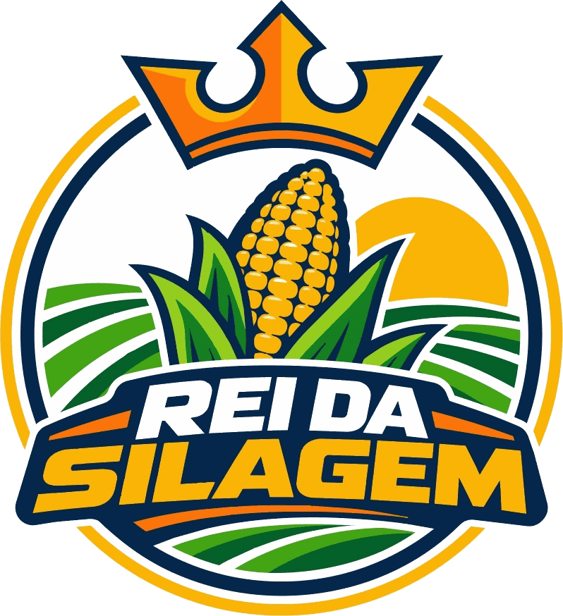 Logo Rei da Silagem: espiga de milho coroada sobre campos verdes